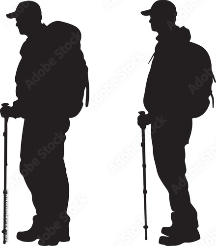 Silhouette of Hikers with Backpacks and Trekking Poles: Outdoor Adventure, Hiking, Backpacking, Vector Illustration, Black and White Graphic