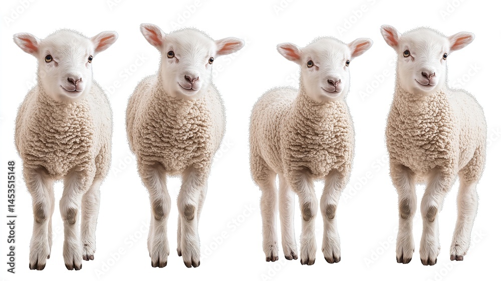 Fototapeta premium Adorable Set of Baby Sheep Standing, Isolated on Transparent or White Background. Cute and Playful Lambs in a Stylized Composition