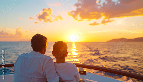 Golden Horizon: A touching scene of a person and their child enjoying the tranquil beauty of a sunset over the open sea.