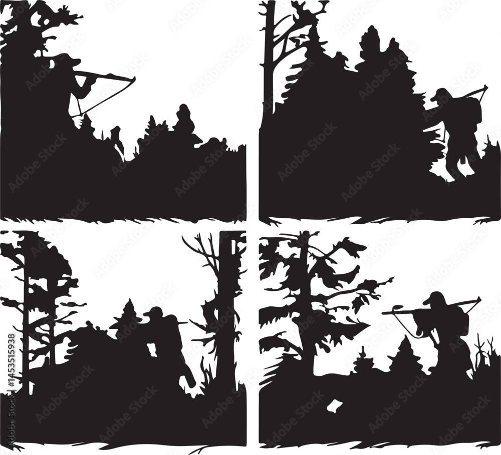 Obraz premium Silhouette Hunting Scene Vector: Hunter Aiming Crossbow in Forest, Wildlife Pursuit Graphic, Outdoor Adventure Illustration, Black and White Design
