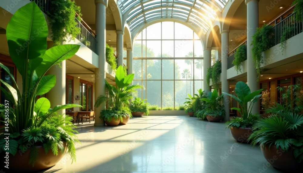 Naklejka premium Sunlit atrium, abundant greenery, expansive windows, panoramic, minimalist, vertical garden