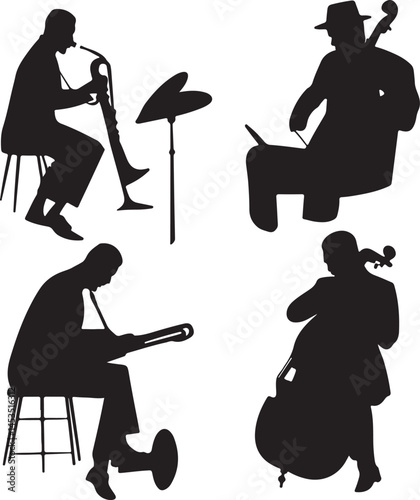 Jazz Musicians Silhouette Vector Art: Saxophone, Bass, Trombone, Cello Players - Black and White Music Band Illustration