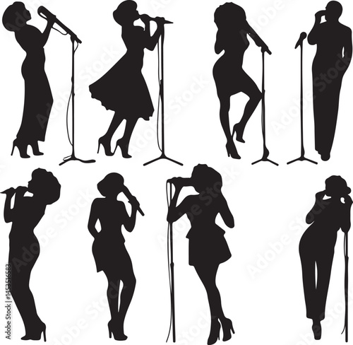 Silhouetted Female Singers: Vector Illustration of Women Performing with Microphones on Stage, Retro Style, Music, Entertainment, and Performance Art
