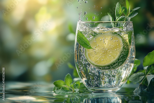 Glass of water with lime slice and mint.