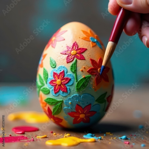 Close-up view of an egg being decorated with paintbrushes and bright colors , celebration, springtime