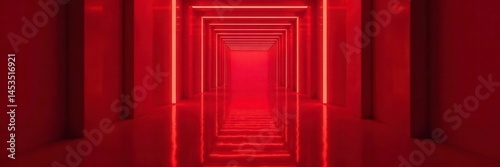 Crimson glow reflects on polished floor, deep red passage , shine, light