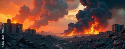 Crumbling structures, billowing smoke, fiery wreckage, infernal, wreckage