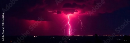 Crimson lightning bolt streaks across black night, image, storm, flash