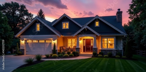 Dusk illuminates Craftsman home, warm lights glow within & without , home, lighting, nighttime