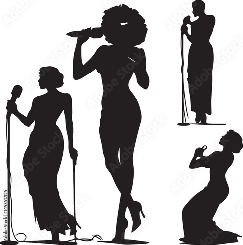 Silhouette Vector Art of Jazz Singers: Elegant Women Performing with Microphones in Vintage Style, Musical Performance Graphics