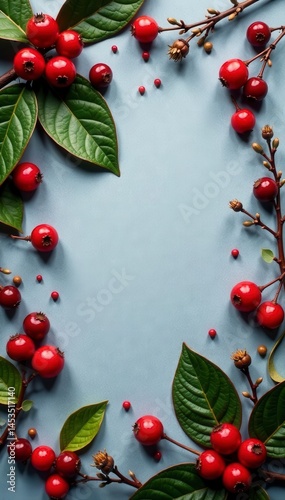 Dried bay leaves & vibrant berries, softly lit gray backdrop , healthy, berries