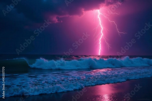 Fierce lightning illuminates churning waves, dark sky , seafoam, grey, force