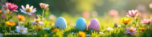 Hidden pastel eggs amongst wildflowers, small shadow cast, bunny, vibrant