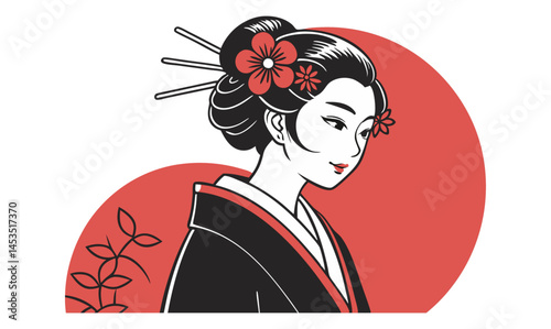 Traditional Japanese Girl in Elegant Kimono with Graceful Pose.

