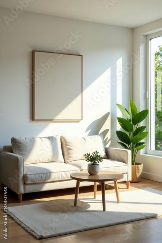 Minimalist living room, natural light, plants, wall, simple