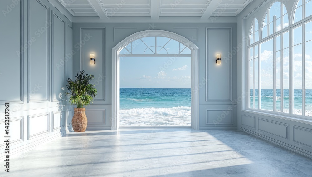 Fototapeta premium Light-filled, seaside interior with pale blue walls.