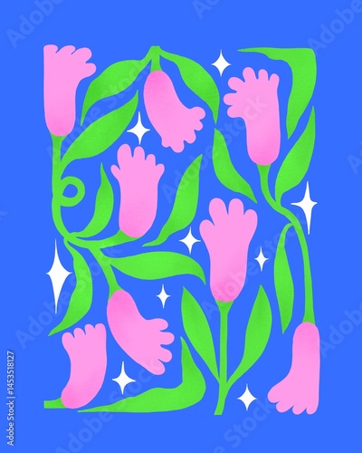 Bold Floral Pattern with Pink Flowers on Blue Background
