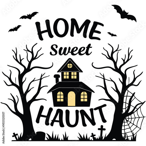 Home Sweet Haunt – Haunted House with Bats Spooky Halloween Vector