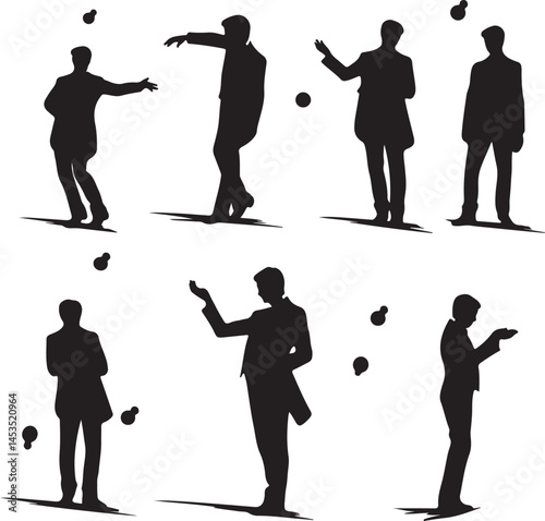 Silhouette Art of a Man Juggling Multiple Balls: Black and White Vector Illustration of a Skilled Performer in Action, Juggling as a Metaphor