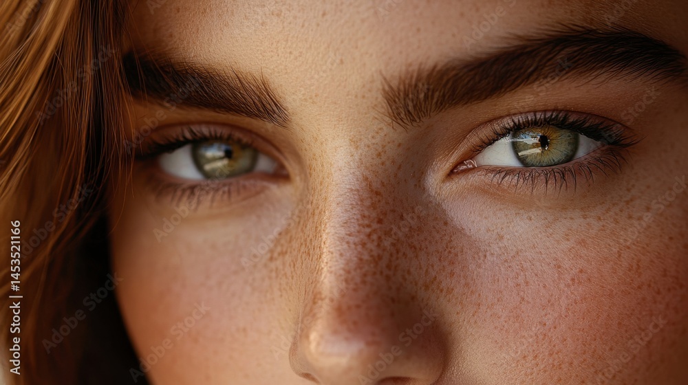 Fototapeta premium Freckled female face in soft focus with a peaceful smile, clean natural look, and subtle tones