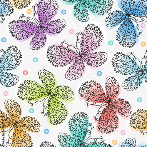 Vector hand drawn seamless pattern with fantasy colorful openwork butterflies on white background. For packaging, wallpaper, textiles