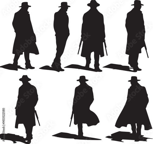 Silhouette of Gangsters in Trench Coats and Hats: Vintage Mobsters with Guns, Noir Style Illustration, Crime Syndicate Vector Art