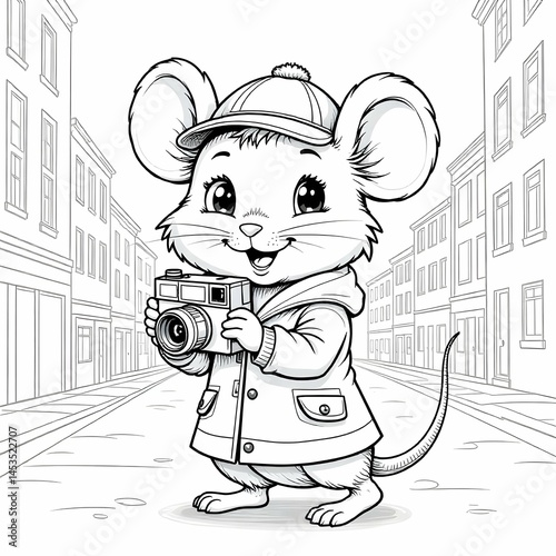 black and white coloring page concept featuring a cute cartoon mouse detective with a camera and a city backdrop.