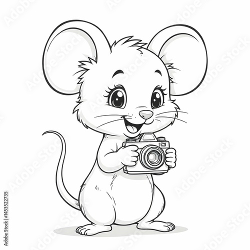 black and white coloring page concept featuring a cute cartoon mouse detective with a camera and a city backdrop.