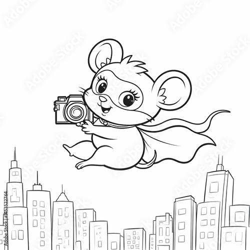 black and white coloring page concept featuring a cute cartoon mouse detective with a camera and a city backdrop.