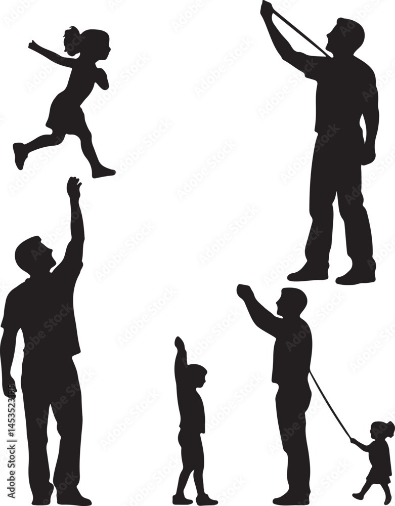 Obraz premium Silhouette Vector Illustration of Family Activities: Father and Child Playing, Reaching, and Enjoying Quality Time Together
