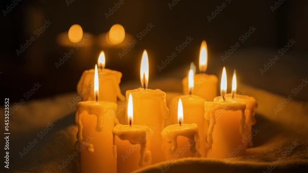 A group of candles are lit and arranged in a row