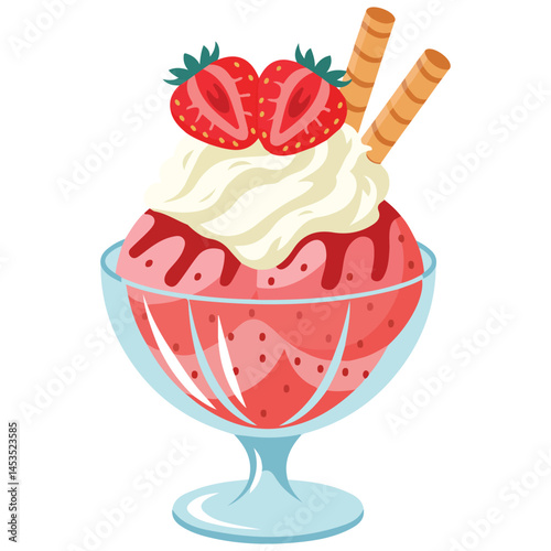Strawberry ice cream sundae isolated vector illustration on white background