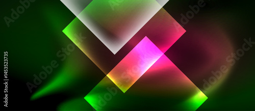 Abstract geometric shapes overlap, creating vibrant pink, green hues. Background is dark, emphasizing luminosity, modern design elements.