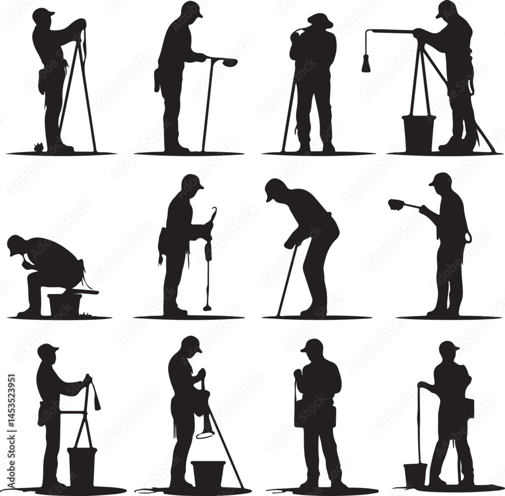 Obraz premium Silhouetted Land Surveyor Vector Illustration: Construction, Engineering, Topography, Mapping, and Geomatics Professionals at Work in Black and White