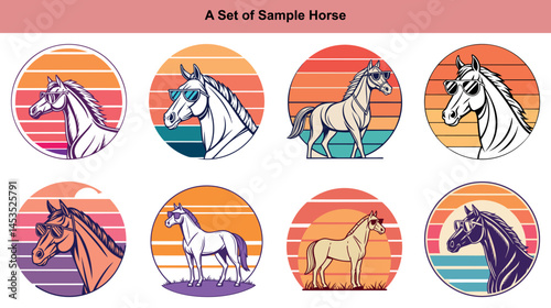Various horse icons are wearing sunglasses over sunset striped backgrounds, presented against a transparent background