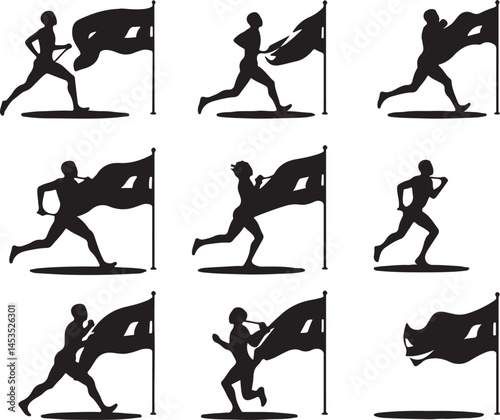 Relay Race Silhouette Vector Illustration: Teamwork, Competition, Passing the Baton, Flag, Runner, Sport, Graphic Design, Black and White, Abstract Art