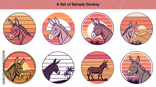 Diverse donkey faces and silhouettes captured against retro sunrise landscapes in circle art