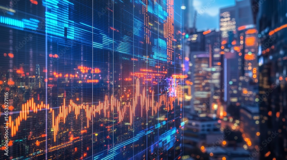 Naklejka premium double exposure of a stock market ticker and financial charts overlaid with a bustling city skyline, symbolizing economic activity