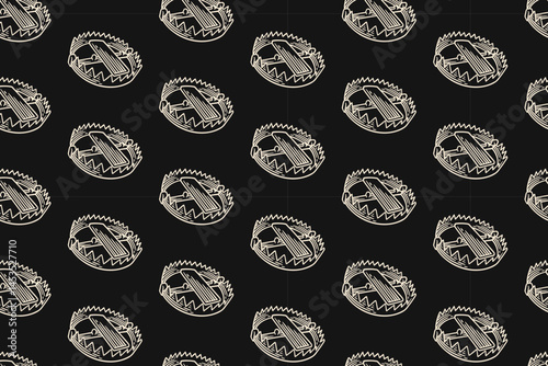 cogged animal trap doodle seamless pattern on black background for hunting merchandise. cruel animal trap engraving pattern background for adventure. rustic animal trap hatching illustration wallpaper