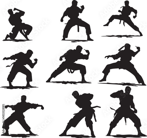 Martial Arts Silhouettes: Ninja Warriors in Action - Karate, Kung Fu, and Self-Defense Poses - Vector Graphics for Design Projects and Illustrations