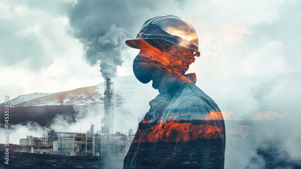 Obraz premium double exposure of a worker at a geothermal energy plant overlaid with a volcanic landscape, showcasing alternative energy and natural resources