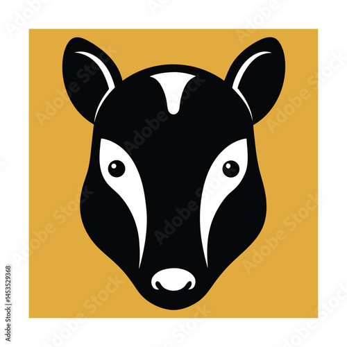 Simplified illustration of a tapir head portrait in bold black and white on gold background