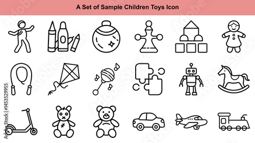 Line art icons showcases a playful collection of diverse children's toys on transparent background