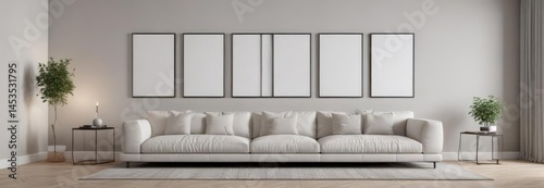 Minimalist living room, empty gallery wall mockup,  bright,  photo,  clean lines