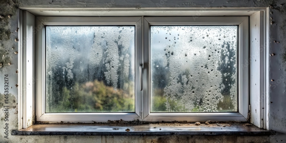 Obraz premium Distressed metal window with condensate drops and black mold growth , condensation
