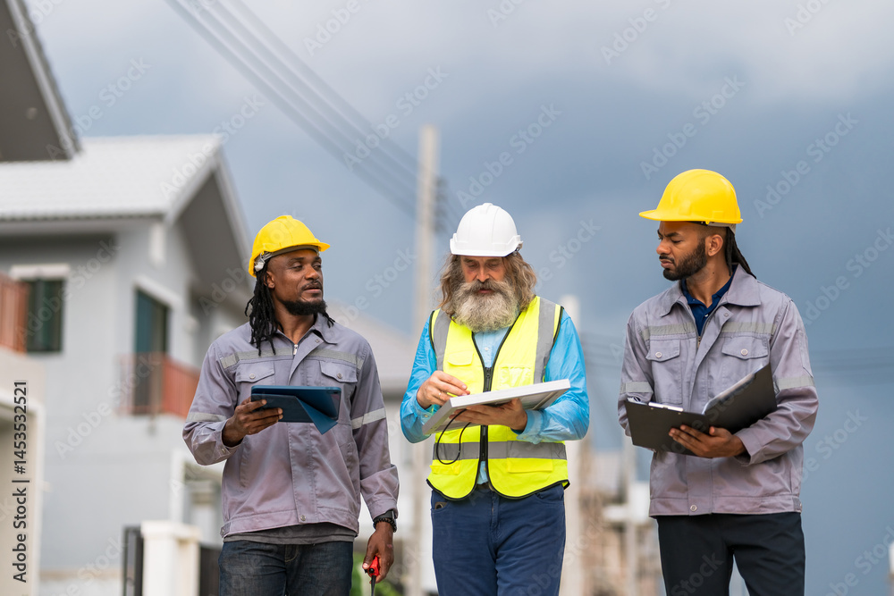 Three men in construction gear are walking down a street, each holding a clipboard. Scene is serious and focused, as the men are likely discussing plans or reviewing blueprints Three men in construction gear are walking down a street, each holding a clipboard. Scene is serious and focused, as the men are likely discussing plans or reviewing blueprints