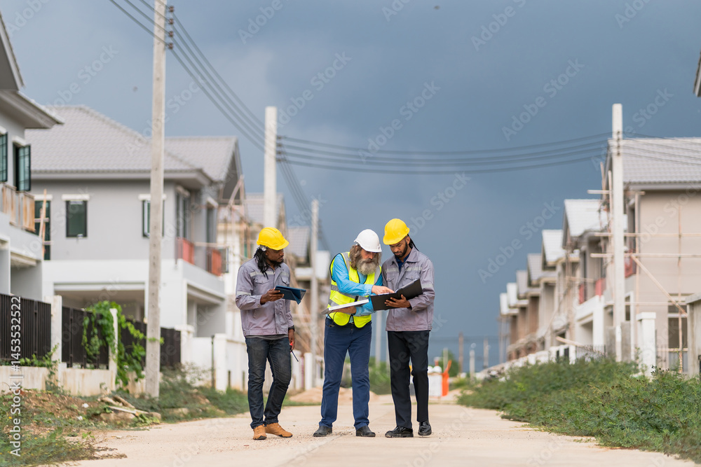 Three men are standing on a street, looking at something on their phones. Scene is serious and focused, as the men appear to be discussing important information Three men are standing on a street, looking at something on their phones. Scene is serious and focused, as the men appear to be discussing important information