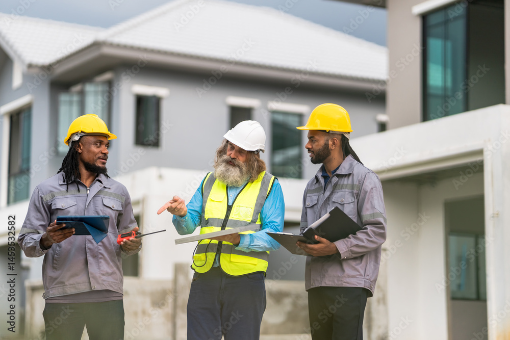 Three men in construction gear are standing together, looking at something on their tablets. They are wearing safety vests and hard hats Three men in construction gear are standing together, looking at something on their tablets. They are wearing safety vests and hard hats