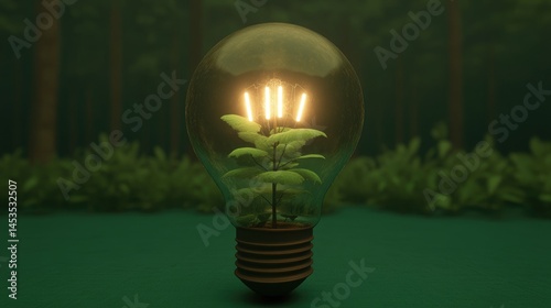 Eco Innovation: Plant Growing Inside Light Bulb in Forest Setting