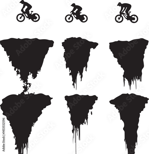 Mountain Biking Silhouette Vector Art: Extreme Sport Illustration of Cyclists Riding on Cliff Edges, Black and White Graphic Design for Adventure Themes